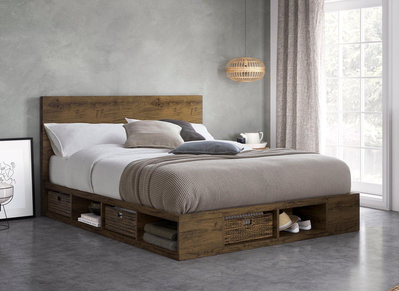 wooden bed frame with mattress