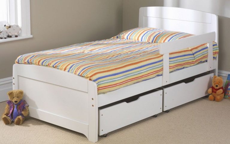 Friendship Mill Wooden Rainbow Kids Bed Single 2 Side Drawers Blue Matching Guard Rail