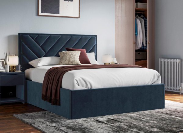 Jay Velvet Finish Upholstered Ottoman Bed Frame 46 Double Blue