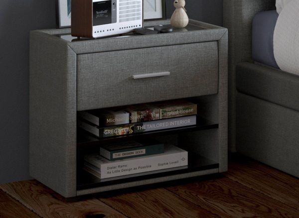 Seoul William Upholstered USB Charging Bedside Table Grey