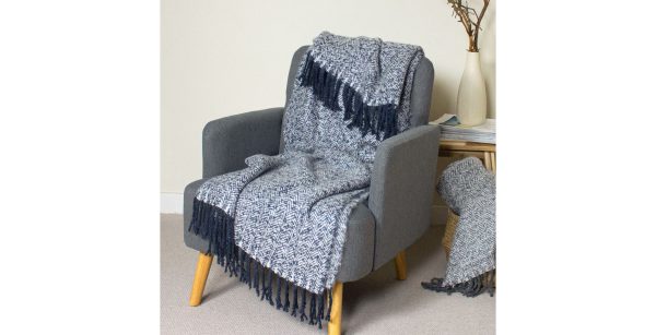 Fringed Herringbone Throw Navy