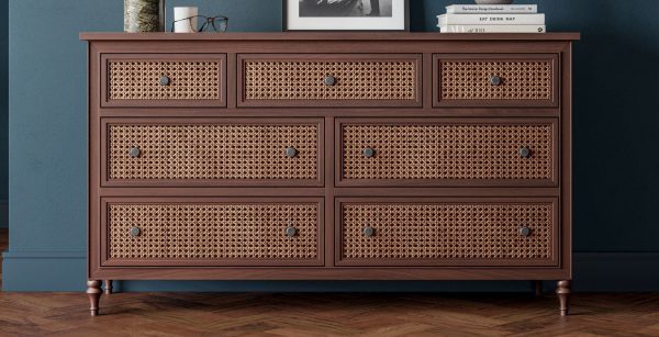 Vintage Rattan 7 Drawer Wide Chest Dark Wood