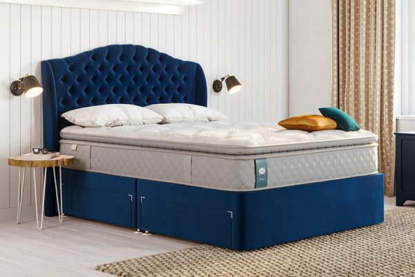 Sealy Enhance Platinum Pocket Geltex Pillow Top Mattress + Premium Divan Bed Midnight Blue End Opening Ottoman King Size |