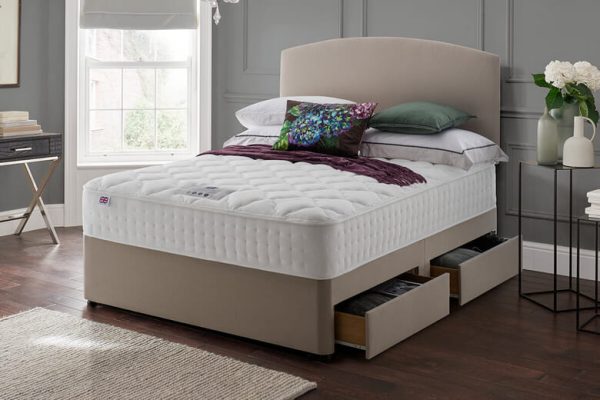 Rest Assured Minerva 2000 Pocket Silk Mattress + Premium Divan Bed Putty Beige 4 Drawers King Size