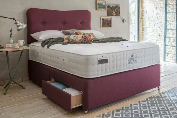 Rest Assured British Wool 2000 Pocket Softer Mattress + Premium Divan Bed Sage Grey End Opening Ottoman Super King