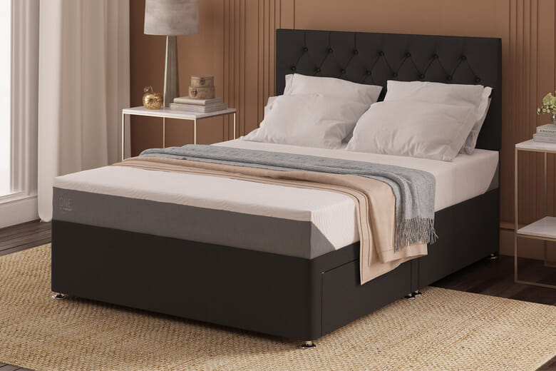 TEMPUR ONE Medium Mattress + Premium Divan Bed Midnight Blue 4 Drawers Super King