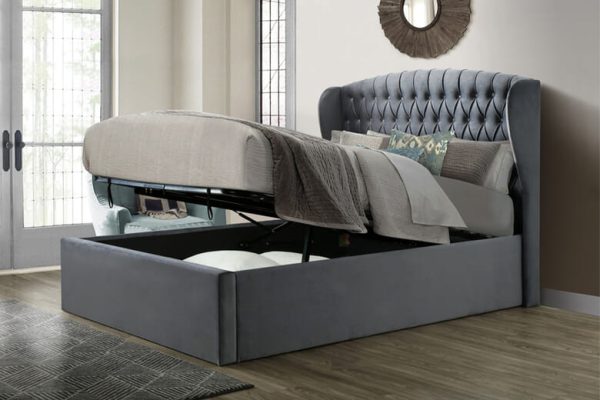 Isabella Velvet Ottoman Bed Bedmaster Grey Velvet Double