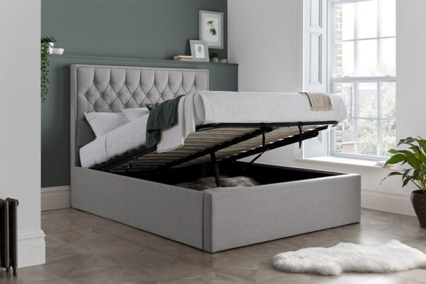 Elijah Upholstered Ottoman Bed Bedmaster Grey Fabric Double