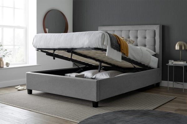 Gabriel Upholstered Ottoman Bed Bedmaster Grey Fabric Double