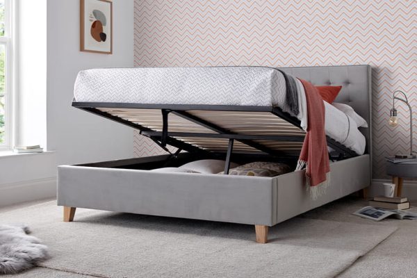 Abigail Upholstered Ottoman Bed Bedmaster Grey Velvet Double