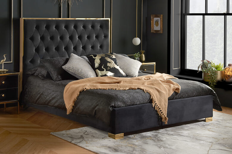 Birlea Chelsea Fabric Bed Birlea Black Fabric Gold Chrome King Size