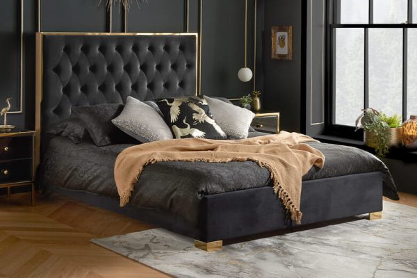 Birlea Chelsea Fabric Bed Birlea Black Fabric Gold Chrome Double