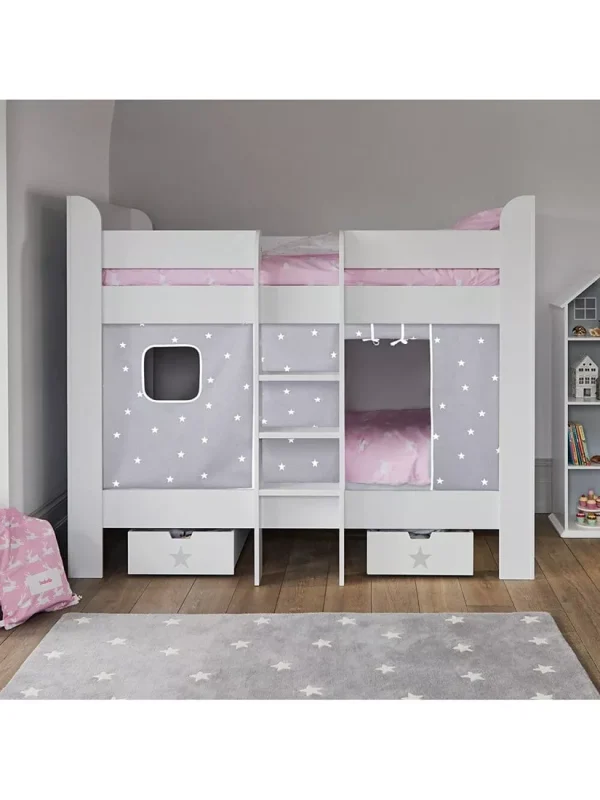 Great Little Trading Co Paddington Bunk Bed with Stardust Bed Curtain Single WhiteGrey