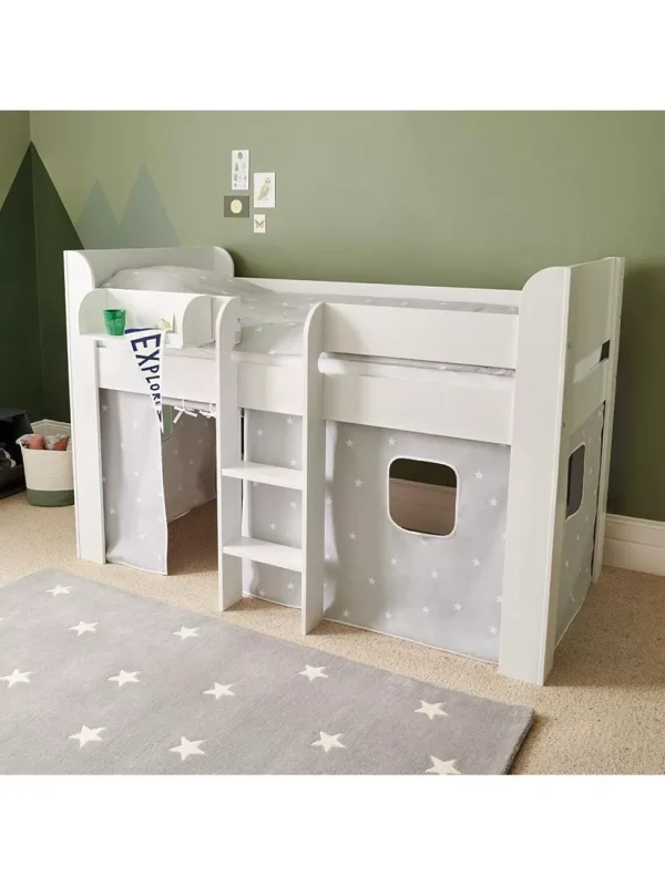 Great Little Trading Co Paddington Mid Sleeper Bed Frame with Stardust Bed Curtain WhiteGrey