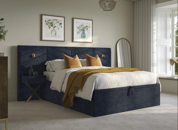 Saffron Upholstered Ottoman Bed Frame With Bedside Tables   50 King   Blue