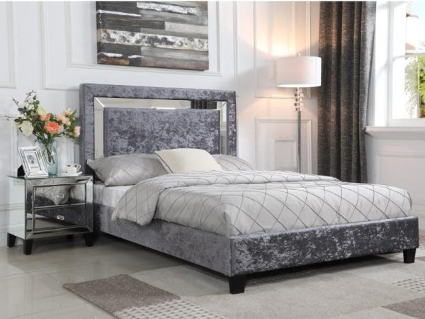 Heartlands Furniture Augustina Crushed Velvet Bed with Mirror King Size Silver Fabric Bed