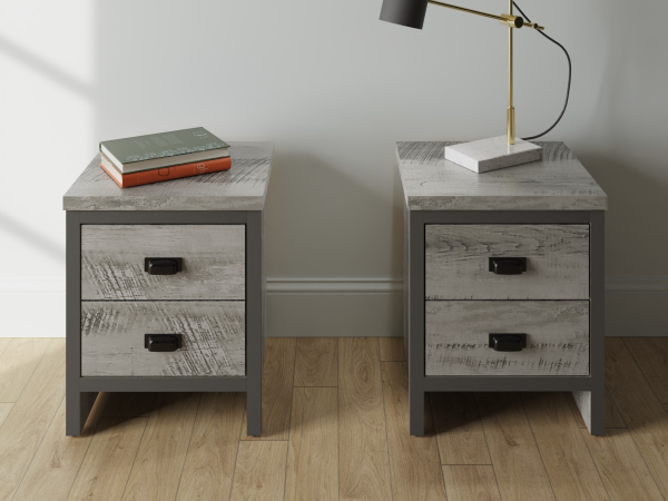 GFW Boston 2 Drawer Bedside Table Pair Distressed Grey Bedside Chest