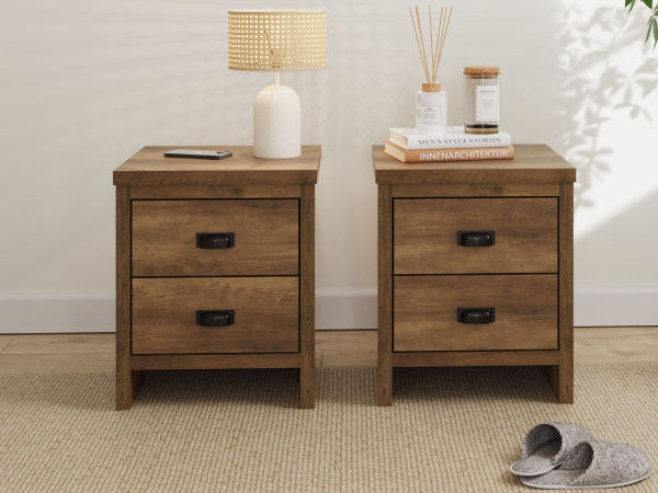 GFW Boston 2 Drawer Bedside Table Pair Oak Bedside Chest