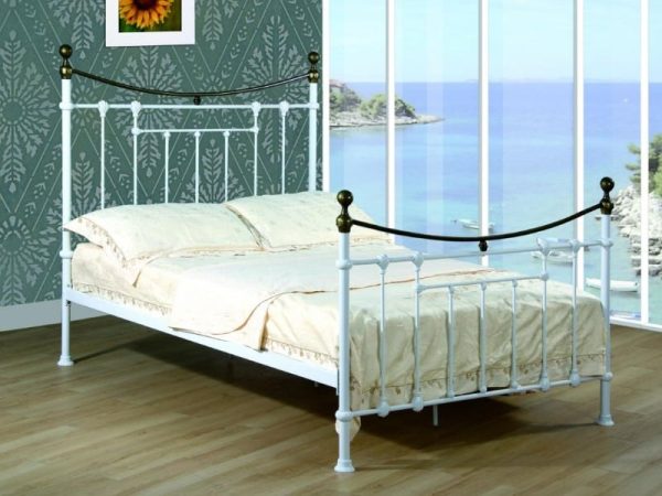 Heartlands Furniture Elizabeth Bed White and Antique Brass King Size White Metal Bed