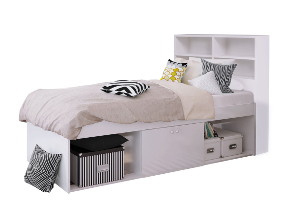 Kidsaw Low Cabin Bed with bookcase headboard Single White Cabin Bed