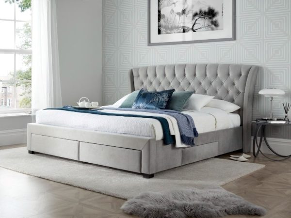 Bedmaster Newton Storage Bed Double Grey Velvet Fabric Bed