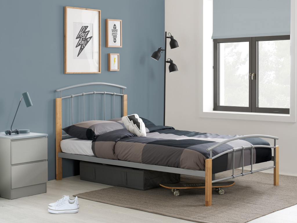 Birlea Tetras Single Silver and Natural Slatted Bedstead Metal Bed