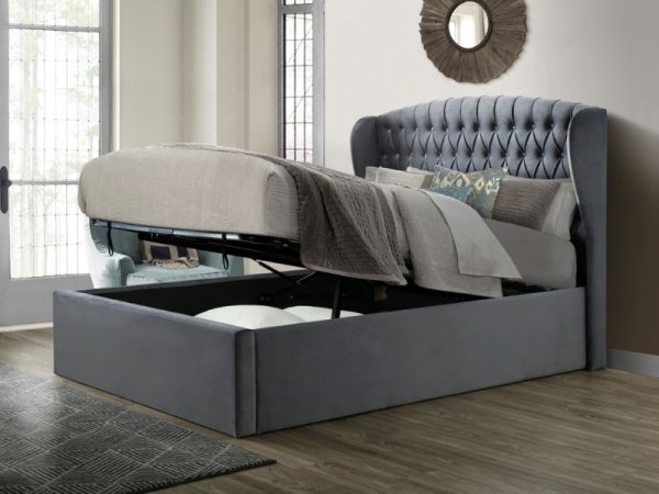 Bedmaster Warwick Ottoman Double Grey Velvet Ottoman Bed