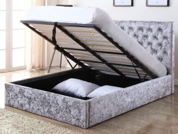 Heartlands Furniture Yasmin Crushed Velvet Silver Ottoman Double Ottoman Bed