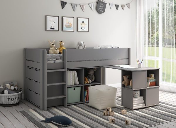 Anderson Mid Sleeper Bed Frame with Cube Desk 30 Single Grey