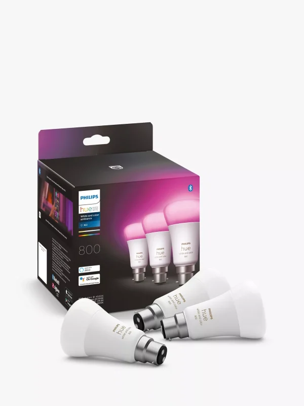 Philips Hue White Colour Ambiance Wireless Lighting Smart LED Colour Changing Light Bulb with Bluetooth 57W B22 Pack of 3