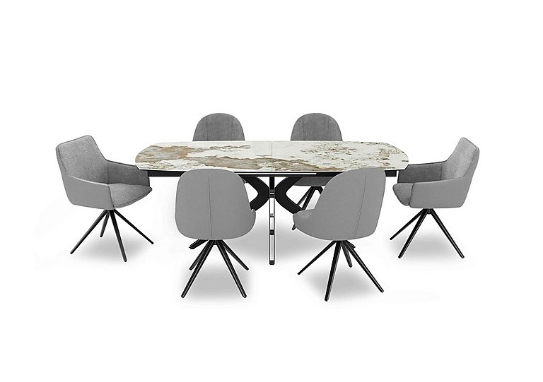 Jose Large Calcatta Marble Pop up Extending Dining Table with 4 Stone Swivel Chairs and 2 Stone Swivel Dining Arm Chairs