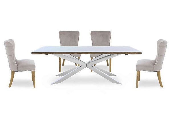 Kiara Large Rectangular Dining Table with Chrome Legs and 4 Luxe Fabric Chairs