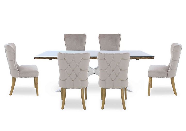 Kiara Large Rectangular Dining Table with Chrome Legs and 6 Luxe Fabric Chairs