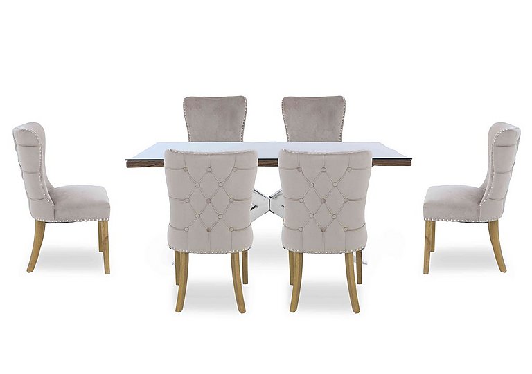 Kiara Small Rectangular Dining Table with Chrome Legs and 6 Luxe Fabric Chairs