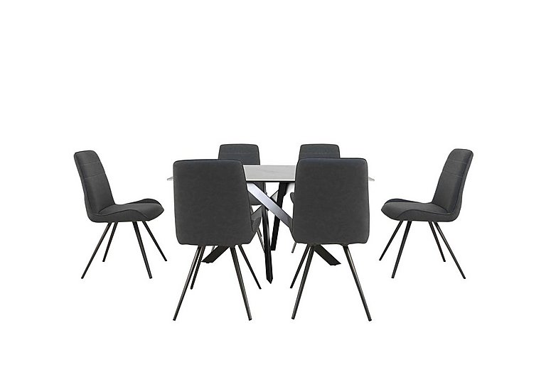 Samurai Compact Dining Table with White Ceramic Top and 6 Dark Grey Faux Leather Chairs