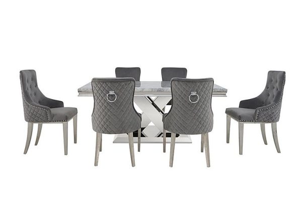 Dolce Large Dining Table 4 Side Chairs and 2 Button Back Chairs Silver