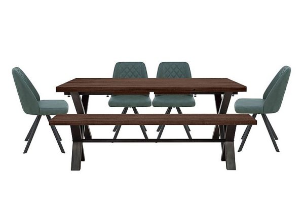 Mars Large Straight Edge Dining Table with 180cm Bench and 4 Faux Leather Swivel Chairs Green