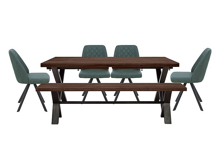 Mars Large Straight Edge Dining Table with 180cm Bench and 4 Faux Leather Swivel Chairs Green