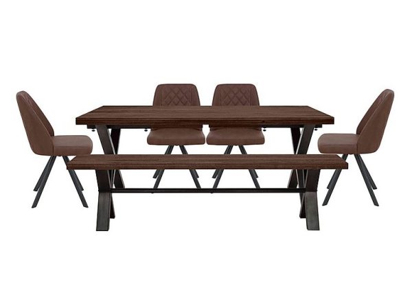 Mars Large Straight Edge Dining Table with 180cm Bench and 4 Faux Leather Swivel Chairs