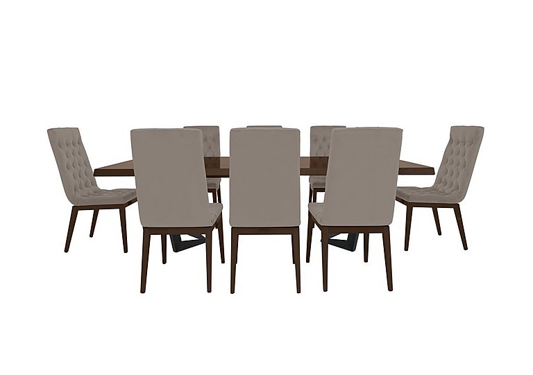 Palazzo 200cm Extending Dining Table in Dark Walnut with 8 Capitonne Buttoned Chairs Scarlet Taupe