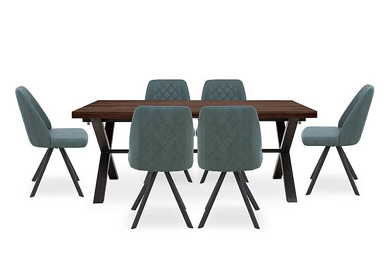 Mars Large Straight Edge Dining Table with 6 Faux Leather Swivel Chairs Green