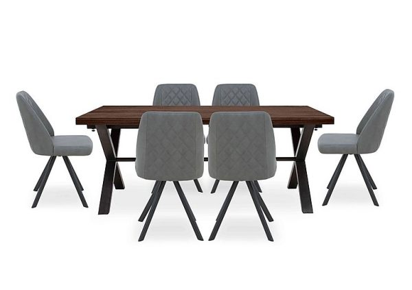 Mars Large Straight Edge Dining Table with 6 Faux Leather Swivel Chairs Grey