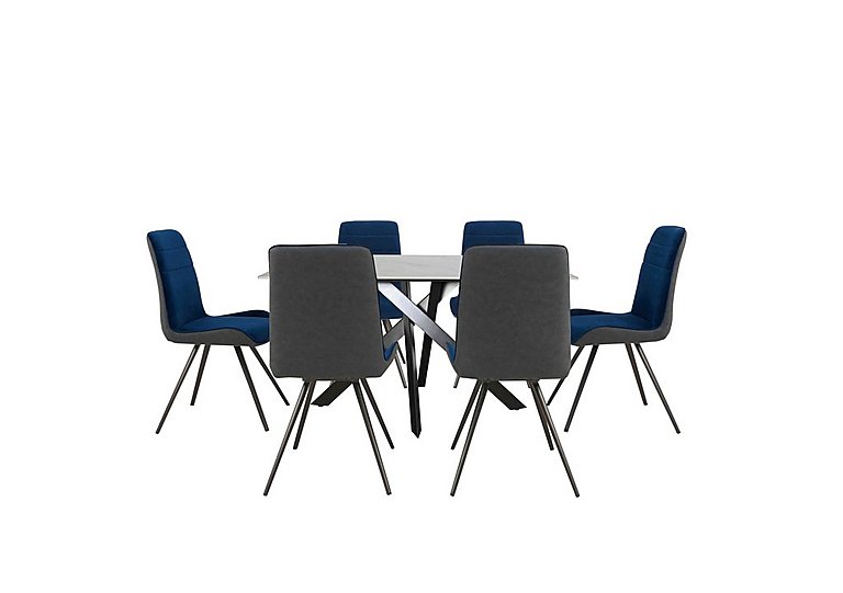 Samurai Compact Dining Table with White Ceramic Top and 6 Velvet Chairs Blue