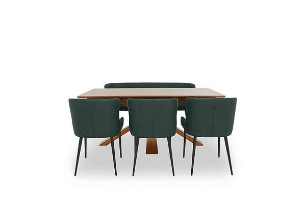 Hanoi Fixed Dining Table with Wooden Base and 3 Faux Leather Chairs and a Bench Bottle Green