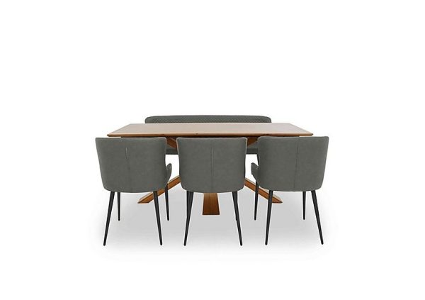 Hanoi Fixed Dining Table with Wooden Base and 3 Faux Leather Chairs and a Bench Slate Grey