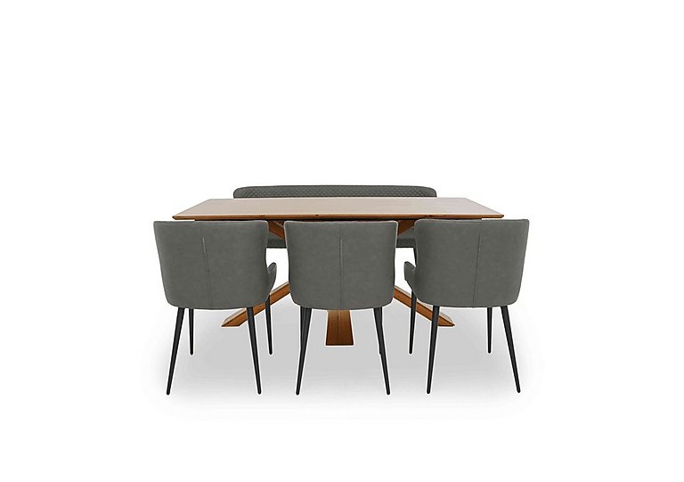 Hanoi Fixed Dining Table with Wooden Base and 3 Faux Leather Chairs and a Bench Slate Grey