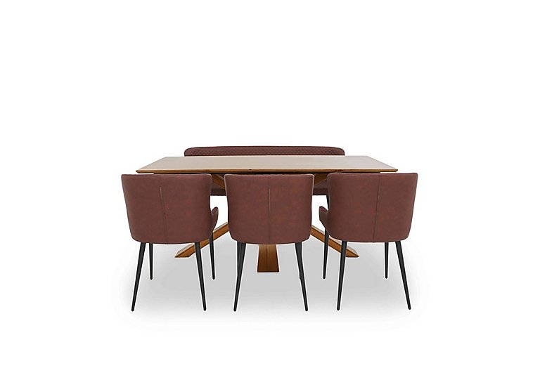 Hanoi Fixed Dining Table with Wooden Base and 3 Faux Leather Chairs and a Bench Tan