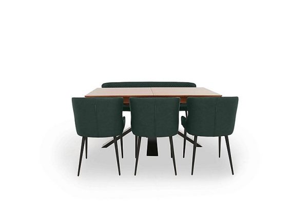 Hanoi Extending Dining Table with Metal Base and 3 Faux Leather Chairs and a Bench Bottle Green