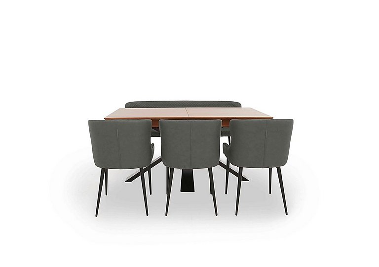 Hanoi Extending Dining Table with Metal Base and 3 Faux Leather Chairs and a Bench Slate Grey