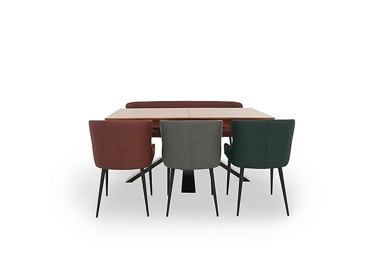 Hanoi Extending Dining Table with Metal Base and 3 Faux Leather Chairs and a Bench Tan